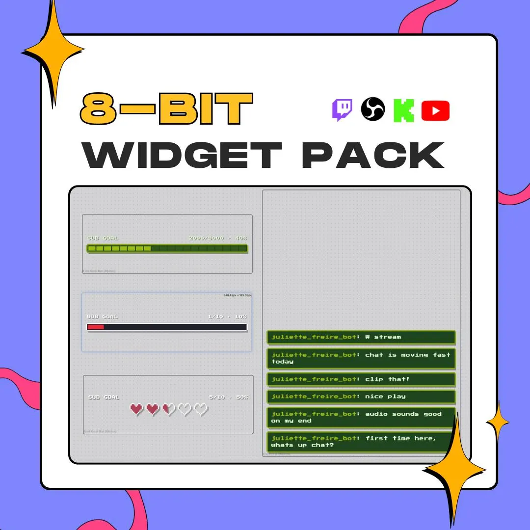 8-Bit Stream Overlay Pack, Twitch Chat Box, Goal Bar Widgets (Digital Download) thumbnail